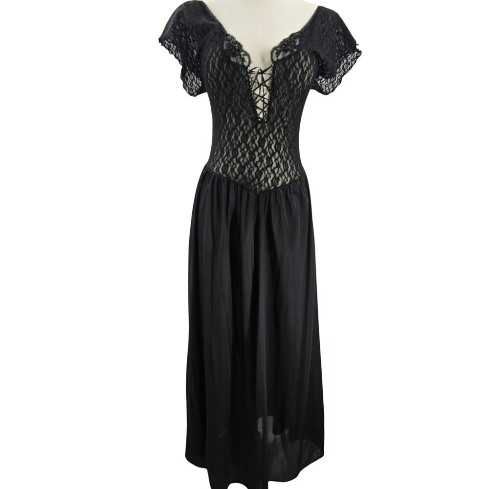 Adonna Vtg USA 90s Whimsigoth Sheer Lace-Up Sequin Satin Maxi Nightgown Dress S